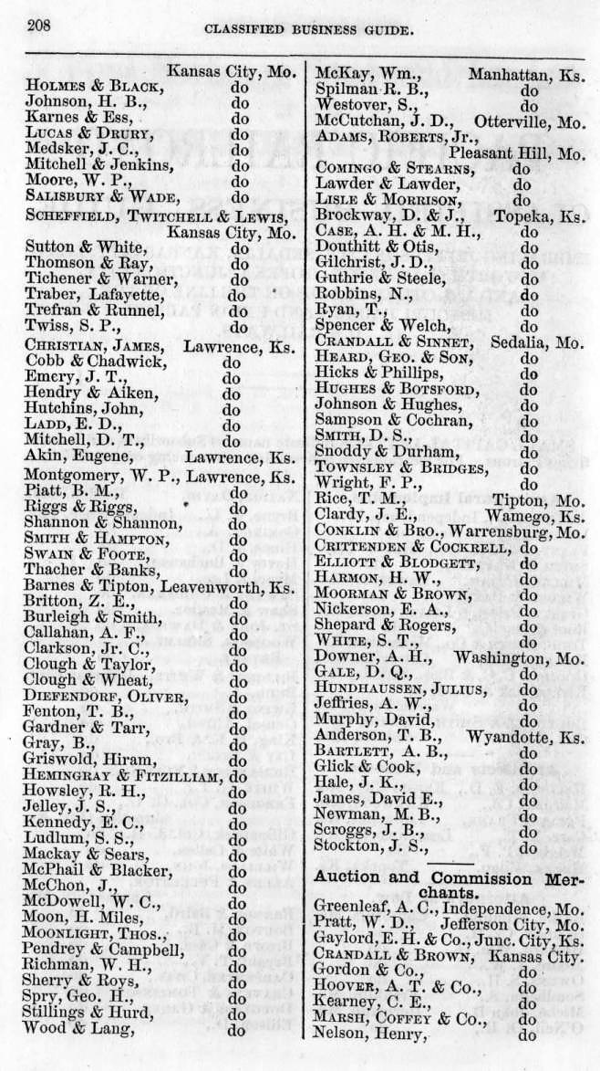 J. West Goodwins Pacific Railway Business Guide and Gazetteer Of Missouri and Kansas for 1867-8 - Classified Business Guide - Auction and Commission Merchants